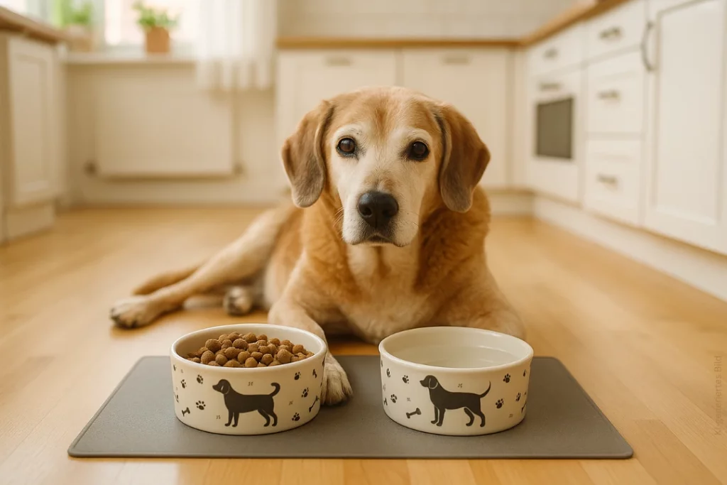 Ein alter Hund liegt in der Küche. Vor ihm ein Napf mit Futter und Wasser.