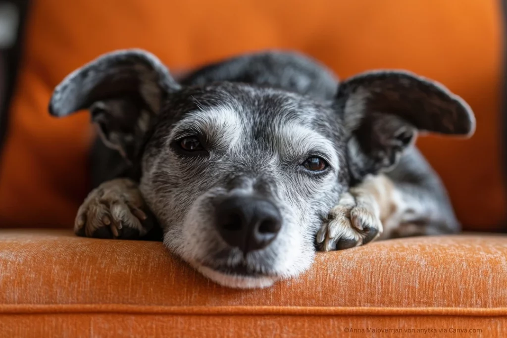 Ein alter Hund liegt auf einem orangen Sessel.