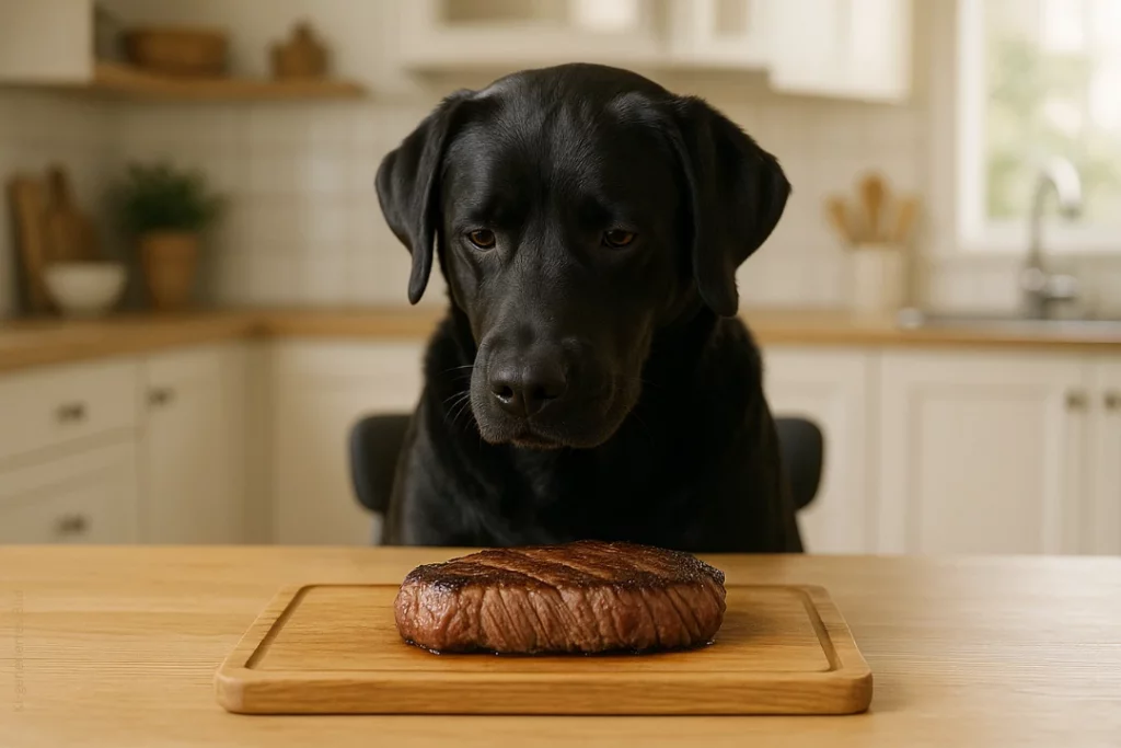 Ein Hund sitzt an einem Esstisch. Vor ihm liegt ein Steak auf einem Schneidebrett, das er anschaut.