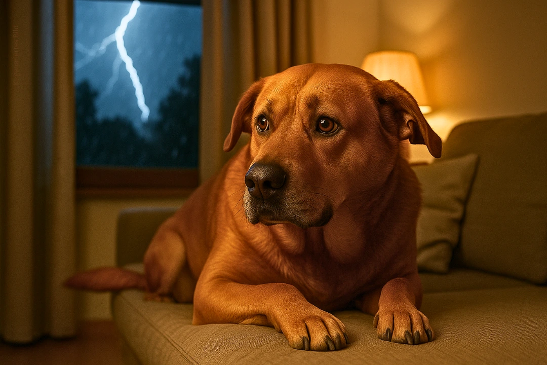 Ein ängstlicher Hund liegt auf dem Sofa vor einem Fenster. Draußen ist es dunkel und man sieht ein Blitz am Himmel.