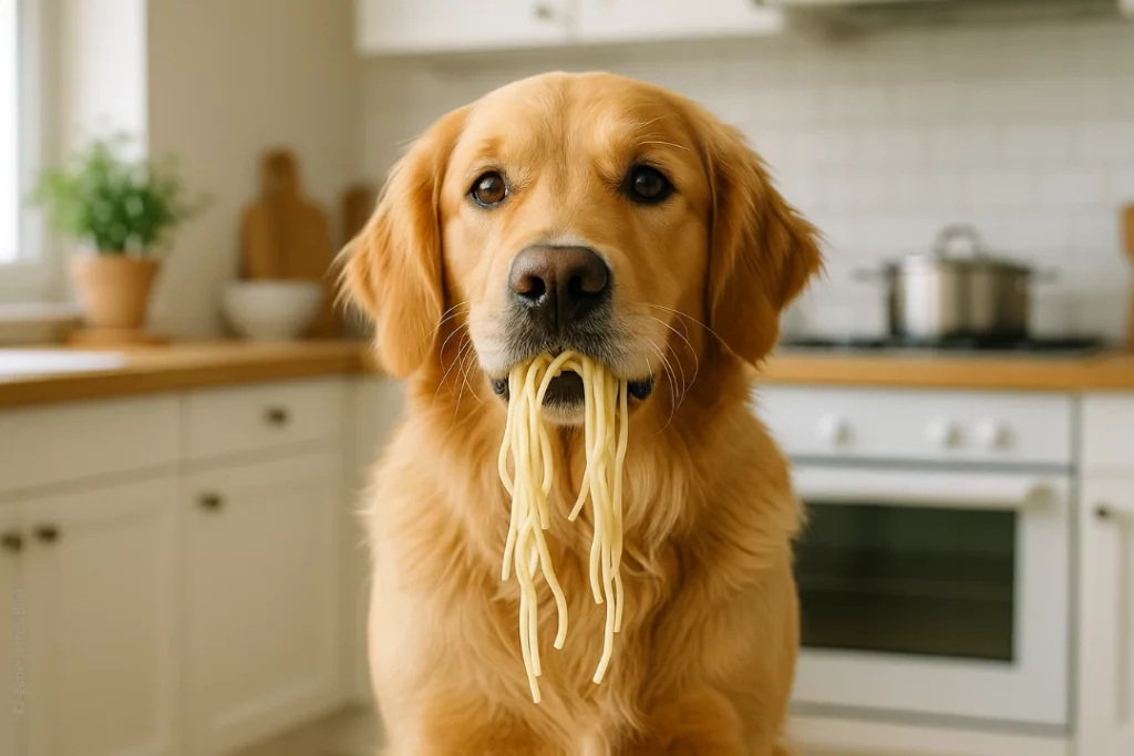 Ein Hund steht in der Küche und hat gekochte Spaghetti im Maul.