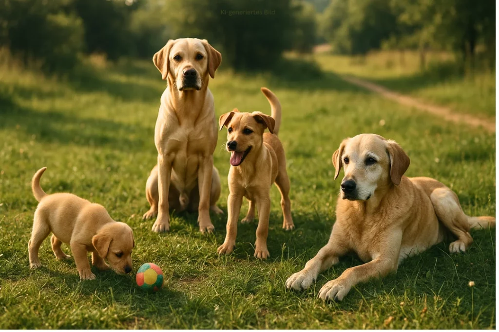 Ein Welpe, ein junger Hund, alter erwachsener Hund und ein Senior Hund interagieren auf einer Wiese. 