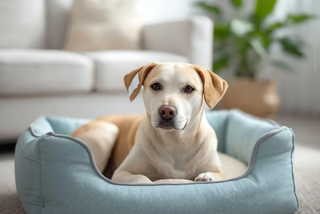 Ein Hund liegt in seinem Körbchen im Wohnzimmer und hat einen Verband auf dem Ohr.