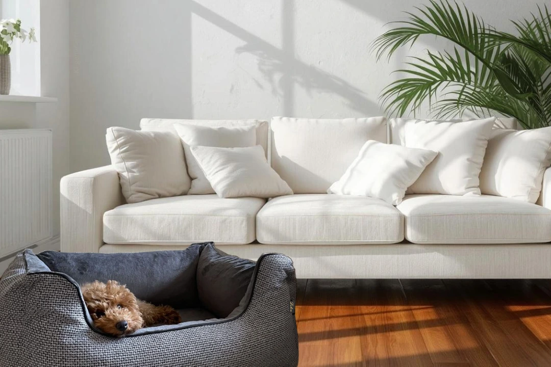 Ein Hund liegt im Hundebett Louis Plus in einem Wohnzimmer