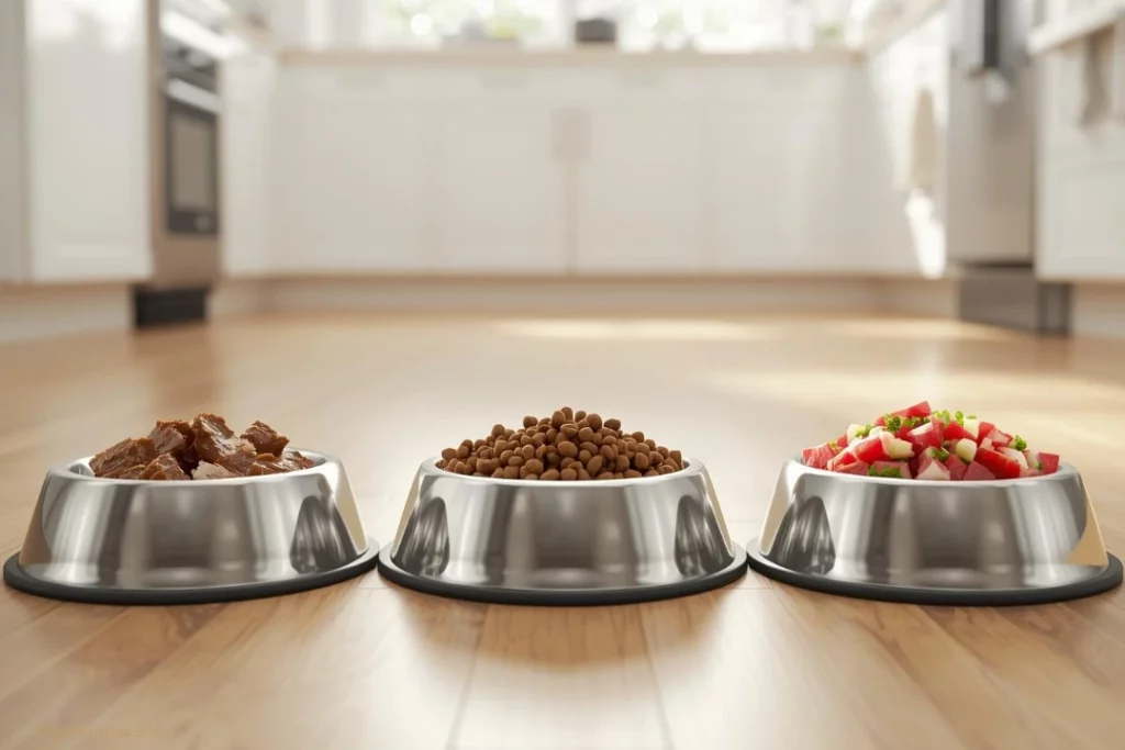Auf dem Bild sieht man drei Futternäpfe in einer Küche mit Trocken-, Nassfutter und frischem Fleisch und Gemüse.
