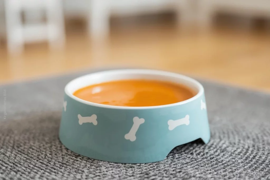 Ein hellblauer Napf mit weißen Knochen gefüllt mit morosche karottensuppe