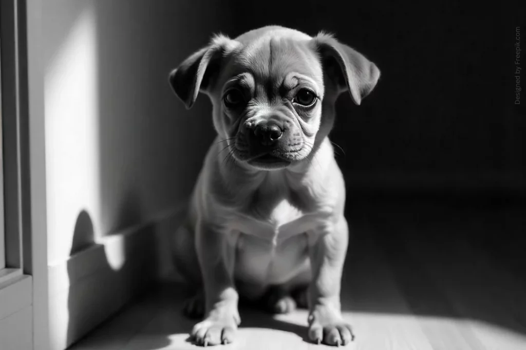 Ein schwarz-weiß Bild von einem ängstlichem, kleinen Hund. 