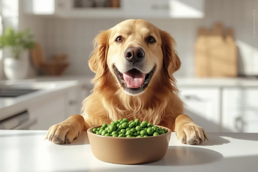 Ein Golden Retriever steht an einer Arbeitsplatte in der Küche. Vor ihm eine Schale mit Erbsen.
