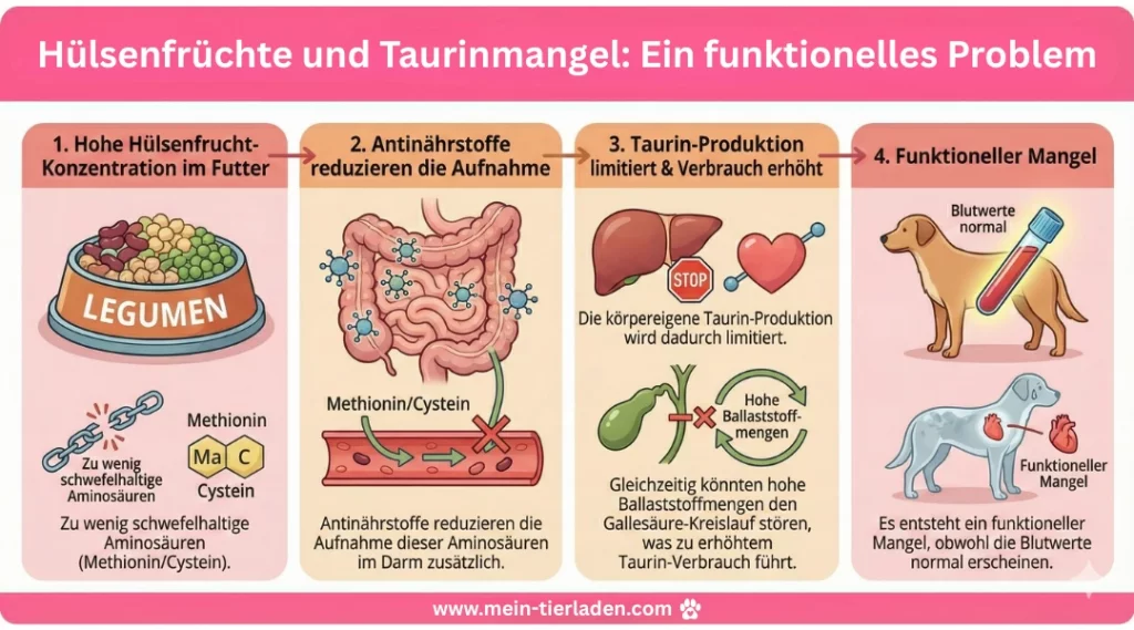 Grafik über Mechanismus von Hülsenfrüchten und Taurinmangel bei Hunden