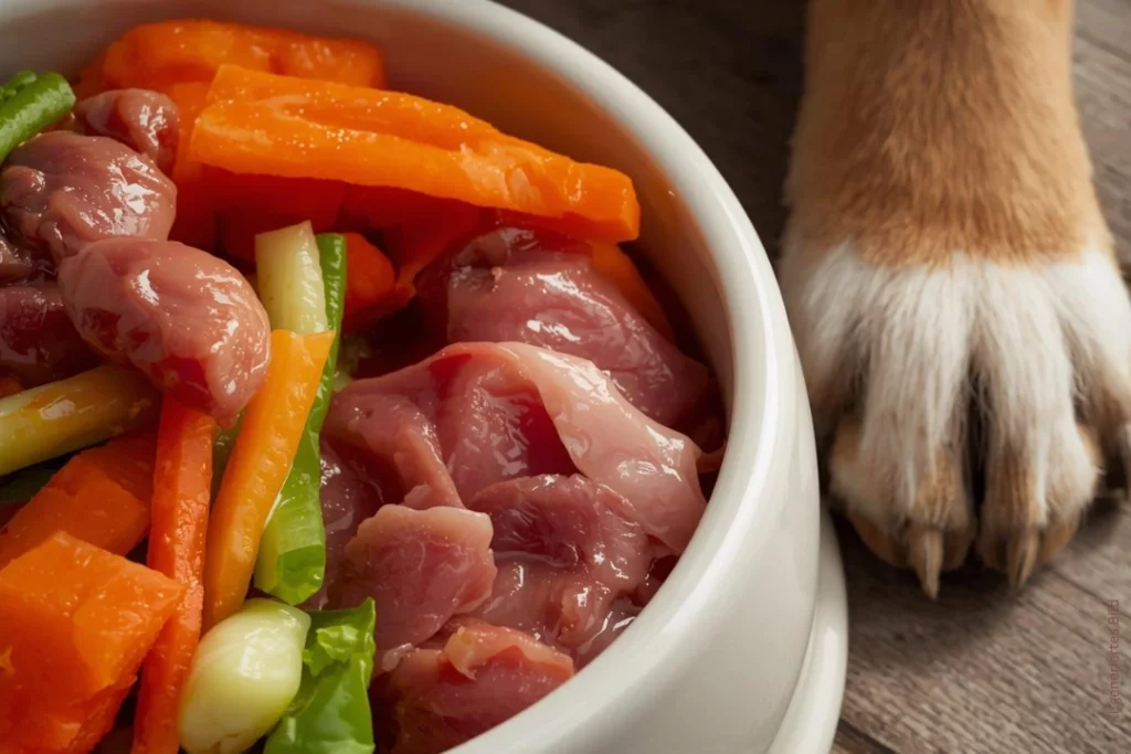 Ein Hundenapf mit rohem Fleisch und Gemüse. Neben dem Napf sieht man eine Hundepfote.