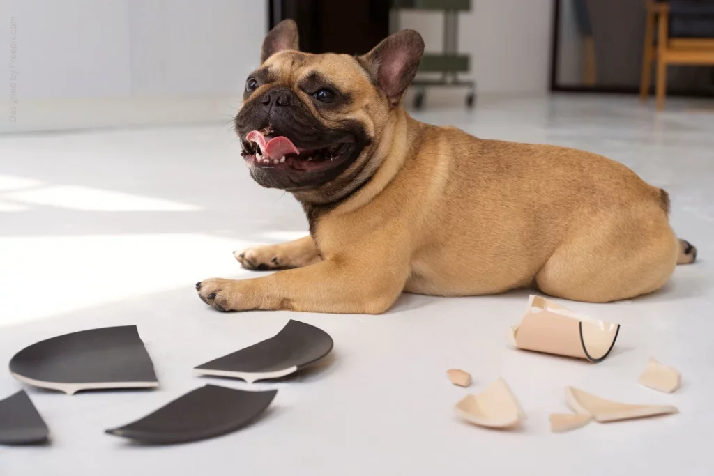 Ein Mops liegt auf dem Boden. Neben ihm ein zerbrochener Teller und eine Tasse.