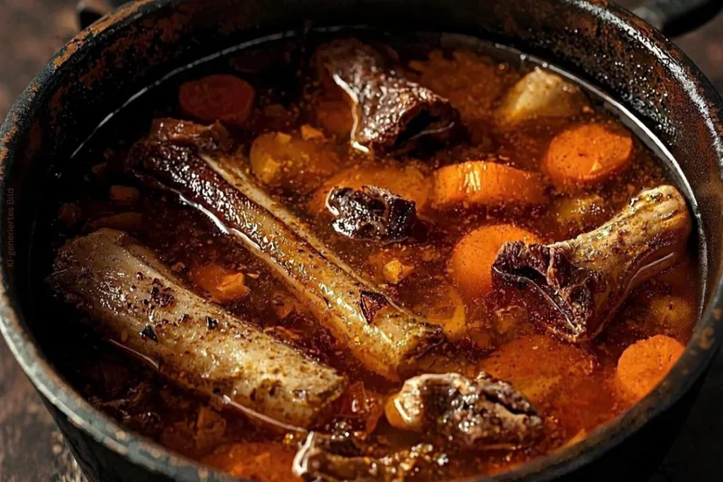 Ein Topf mit einer Brühe, Knochen und Karrotten. 