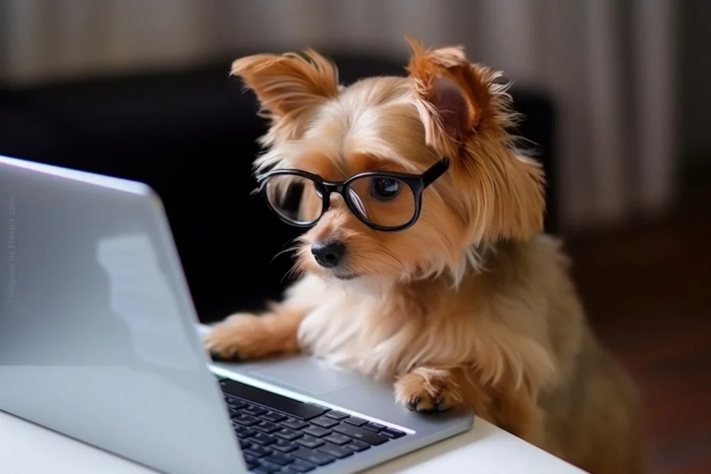 Ein kleiner Hund mit Brille sitzt an einem Schreibtisch vor einem Laptop.