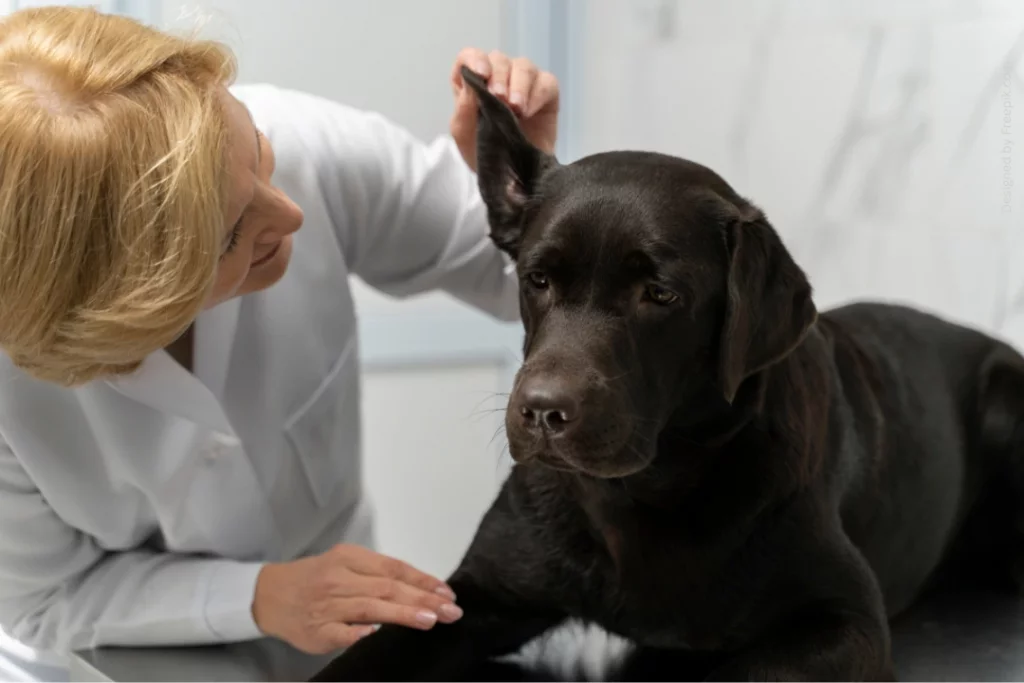 Ein Labrador wird von einer Tierärztin am Ohr untersucht.
