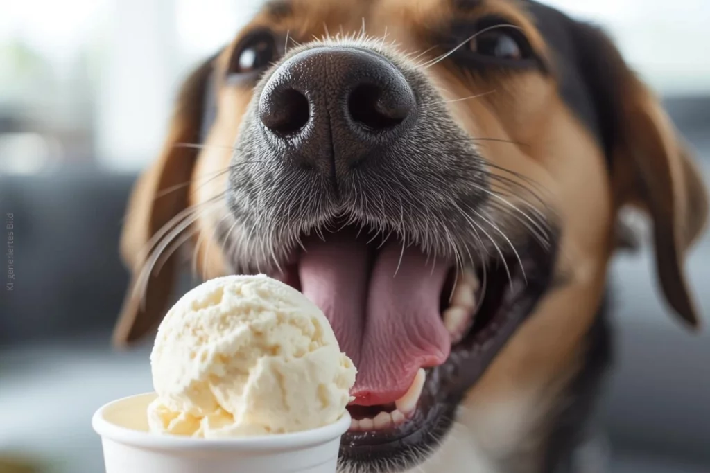 Großaufnahme von einem Hund, der Eis aus einem Becher isst.