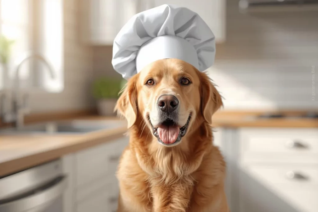 Ein Hund mit Kochmütze steht in einer Küche und schaut in die Kamera.