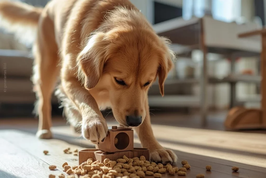 Ein Golden Retriever sucht aus einem Intelligenzspielzeug das Futter.