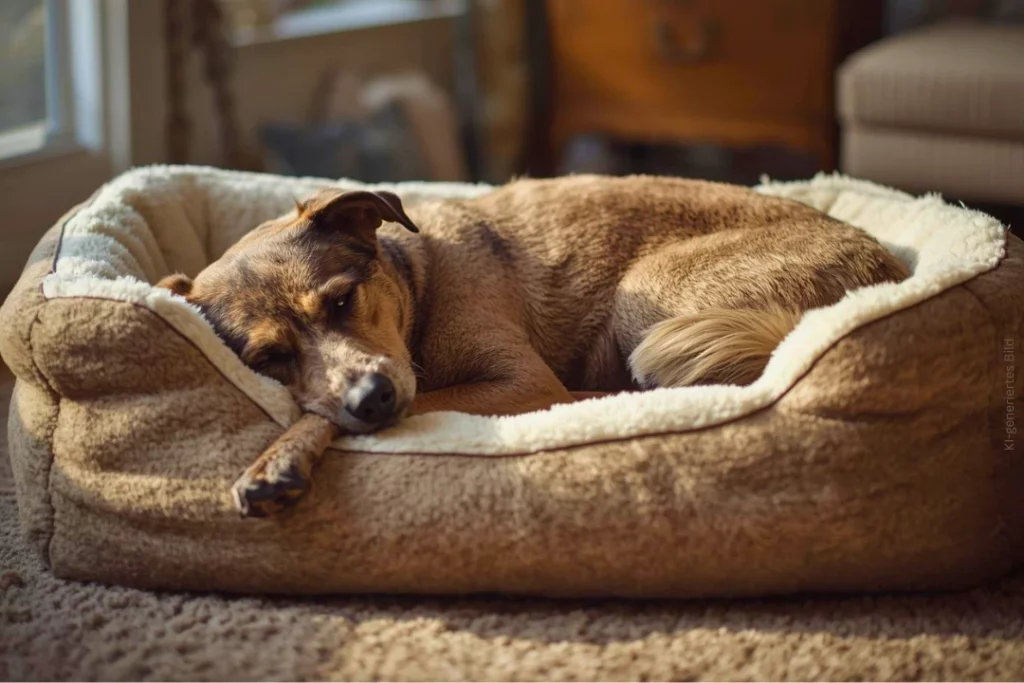Ein sehr alter Hund liegt in seinem Hundebette und schläft.