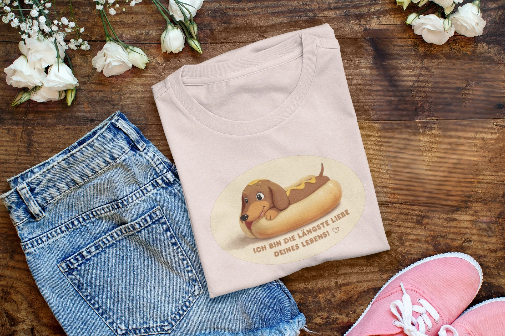Rosa T-Shirt mit einem Comic Dackel in einem Hotdog und dem Spruch „Die längste Liebe deines Lebens"
