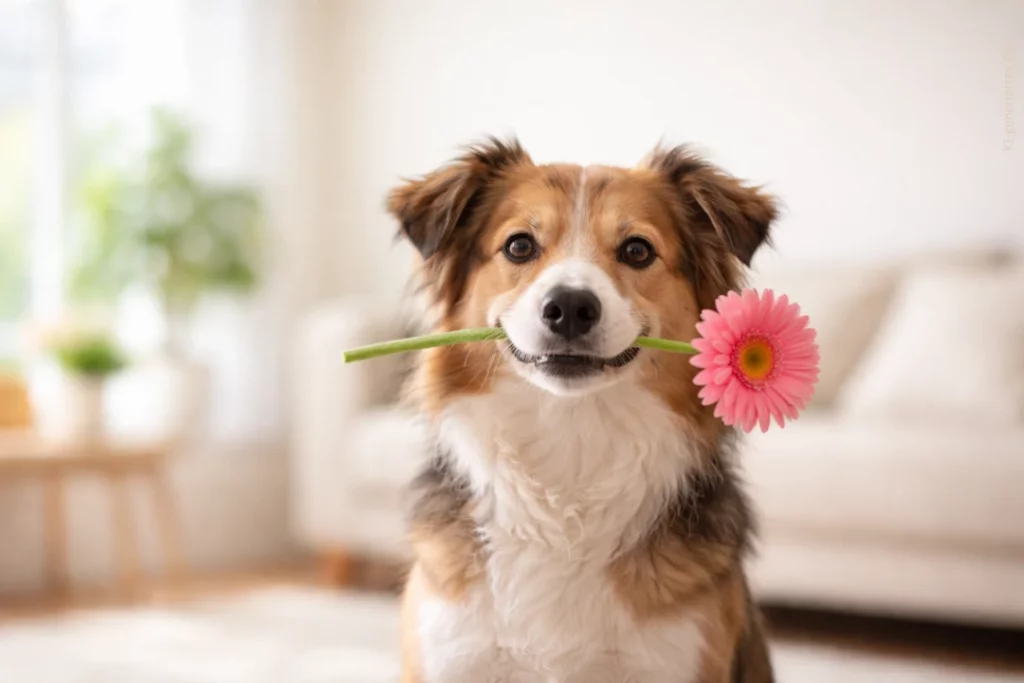 Bild von einem süßen Hund, in einem Wohnzimmer sitzt und eine Blume im Mund hat.