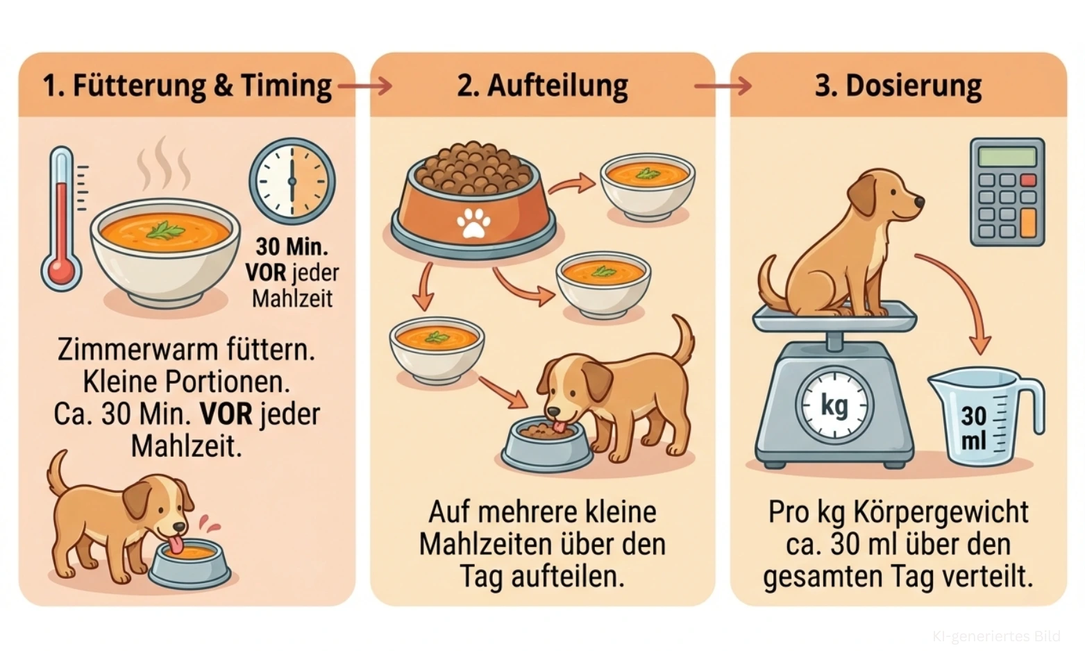 Eine Grafik, die dir zeigt, wie, wann und in welchen Mengen du die Morosche Suppe deinem Hund füttern solltest.